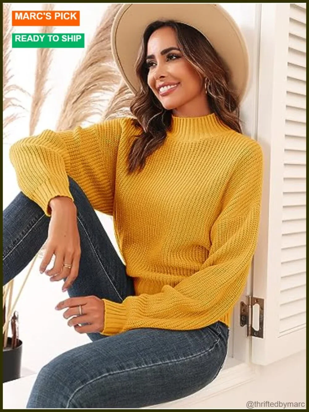 Cropped Turtleneck Sweater Lantern Sleeve Ribbed Knit Pullover Women's